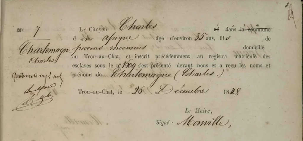Acte d’individualité d’un Nouveau Libre né en Afrique, Martinique 1848
