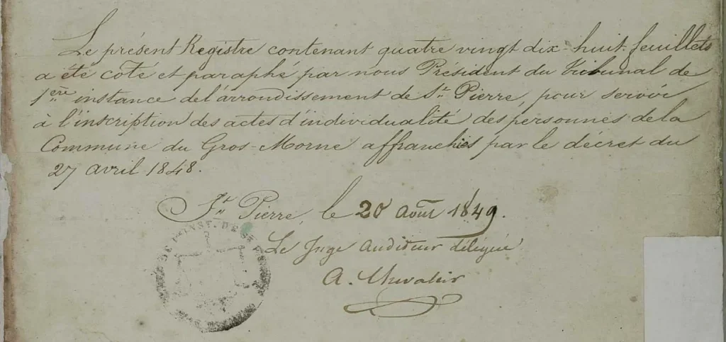 Registre des actes d’individualité du Gros-Morne, Martinique 1848